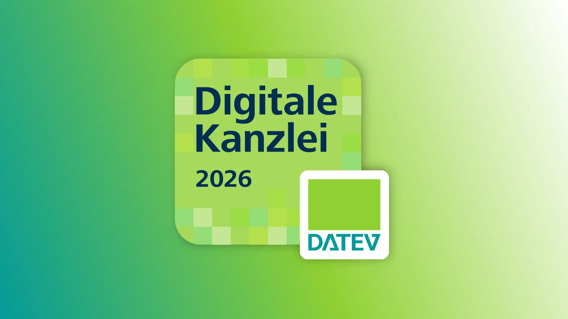 DATEV Logo Digitale Kanzlei 2026 auf grünem Verlaufsgrund