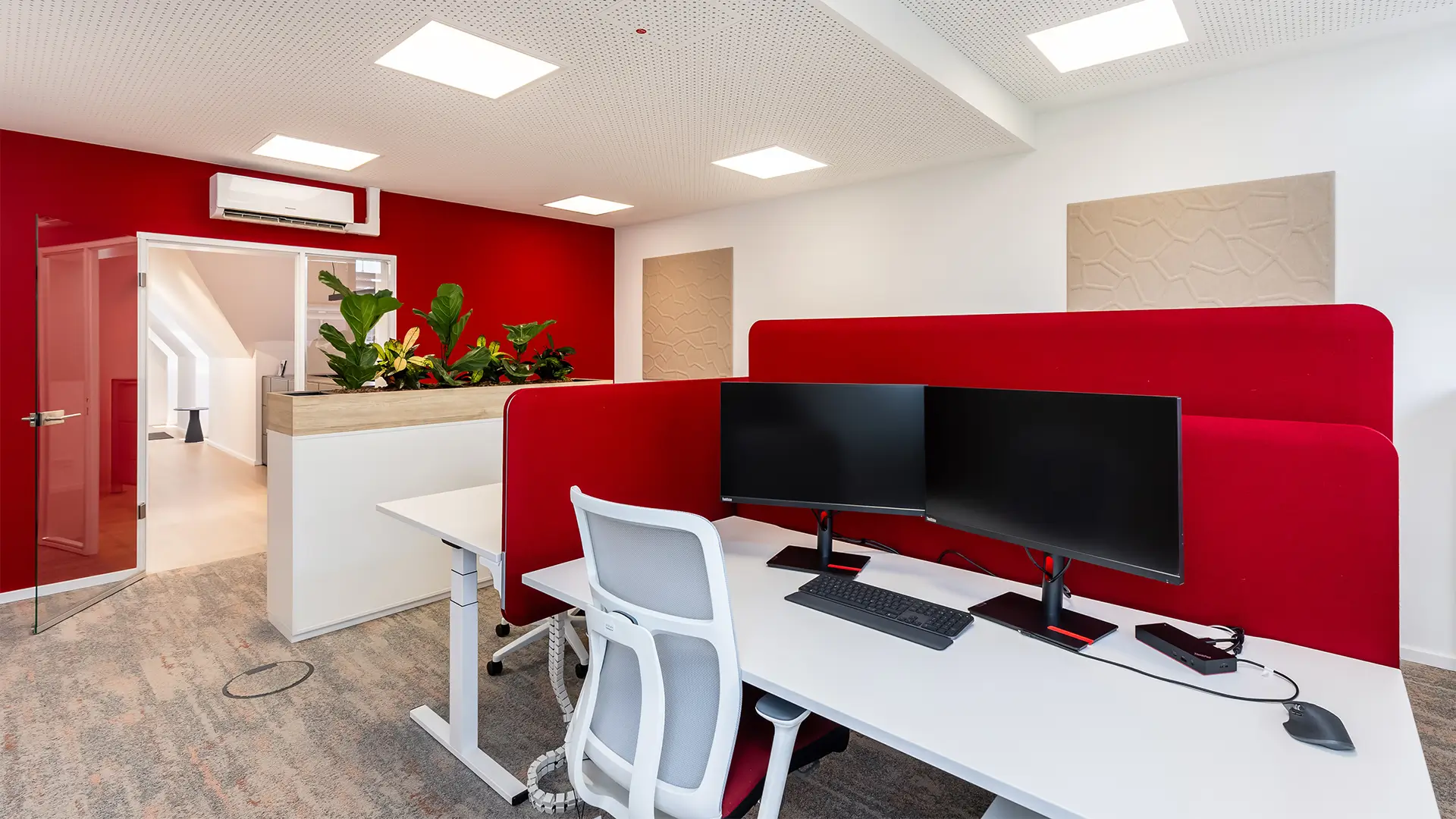 Heller Open-Space-Arbeitsbereich mit höhenverstellbaren Schreibtischen, Monitoren und begrüntem Empfangselement.